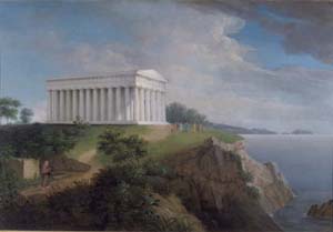 Classical-style building on a grassy cliff. A white-bearded man walks uphill toward a group of figures near the building.
